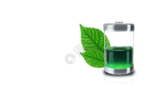 3d 使生态电池充填绿色液体 以白色背景的绿树叶填充累加器力量收费燃料植物创新充电器电量生物活力图片