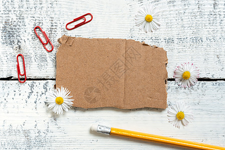 开膛手张纸与重要消息与铅笔 鲜花和回形针周围 撕裂的硬纸板 上面有重要信息 地板上到处都是夹子图片