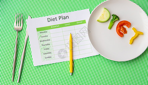 每周饮食计划 适当营养的概念 有选择的焦点蔬菜重量食物控制日记早餐桌子损失厨房磁带图片