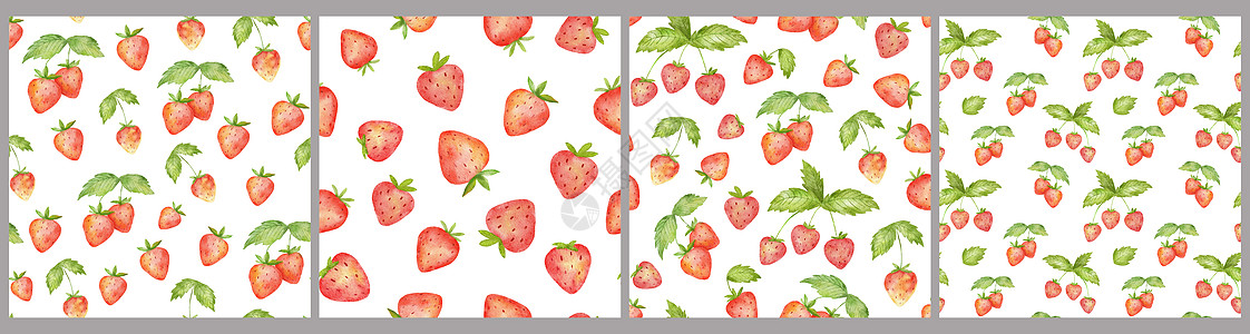 以可爱草莓和绿叶的无缝模式绘制的水彩色无缝结构 在白色上隔绝的夏季白莓插图水果叶子花园食物植物市场草图甜点水彩图片