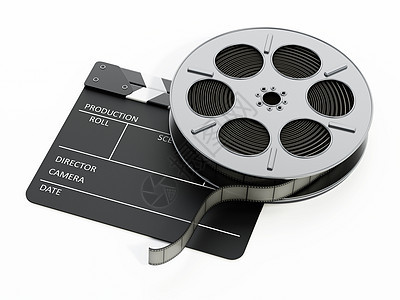 白色背景上隔离的电影板块和胶片卷 3D 插图视频石板黑色隔板框架木板记板导演运动摄影图片