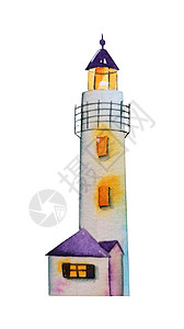 海鸥边框岩石石头岛上的海上灯塔塔 手绘水彩图形绘制在白色上 带有复制空间 用于海洋卡片 横幅 框架 边框 海报 装饰的剪贴画设计元素背景