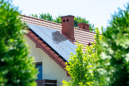 带有光伏发电模块的房顶屋顶环保电气活力技术农家房子绿色细胞植物力量图片