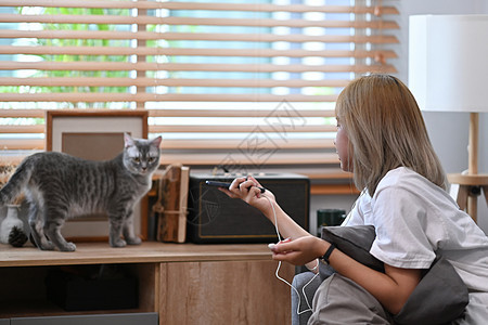 年轻女人坐在沙发上 玩她的可爱猫图片