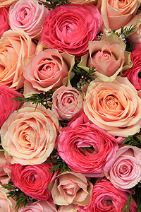 粉红玫瑰花束花朵花瓣中心装饰品橙子团体桌子植物群绿色新娘图片