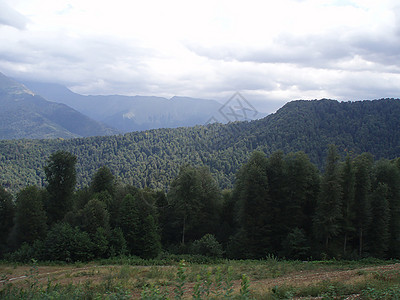 一片全景的山地景观 其山谷和森林山峰在高覆云天下顶峰木头蓝色场地石头地平线爬坡道旅行风景冒险图片