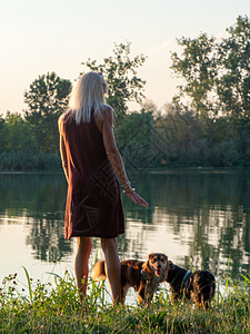 夏日在河岸的黄昏时 养狗放松 校对 Portnoy宠物草地支撑伴侣成人日落假期忠诚活动海景图片