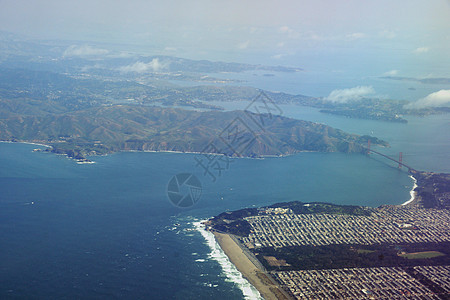 飞机插画金门桥 海洋海滩和旧金山日落区金门大桥背景