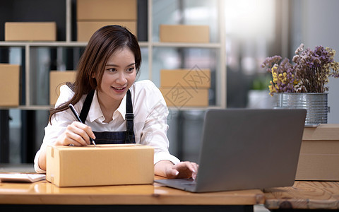 在家销售企业在线营销的亚洲女商务人士入口网站技术物流公司盒子自由职业者互联网商业服务图片