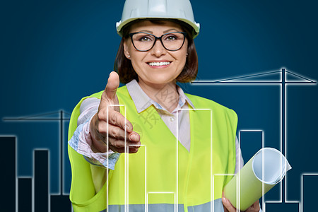 身穿硬背心的女工业女工伸出手握手界面工程师房子工人办公室监控电话建筑屏幕互联网图片