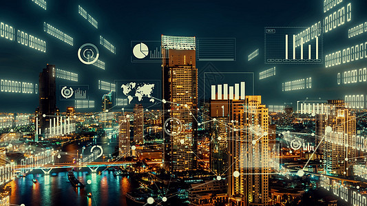 商业数据分析界面在智能城市上空飞过 显示改变的未来管理电脑分析师计划企业速度资源营销加密客户关系图片