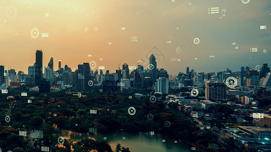 商业数据分析界面在智能城市上空飞过 显示改变的未来办公室全球化建筑媒体人工智能解决方案摄影手机营销现实图片