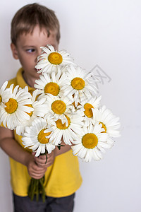 一个可爱的男孩 带着一束美丽的大雏菊 一个孩子的肖像 有趣而可爱的面部表情 选择性的焦点微笑生活礼物忠诚阳光幸福草地花束晴天家庭图片