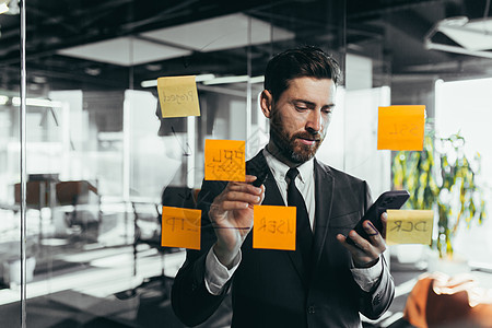 成功的商务人士从电话和平板上用彩色贴纸在玻璃板上重写任务文档戏法头脑平衡项目战略企业家男人经理药片图片