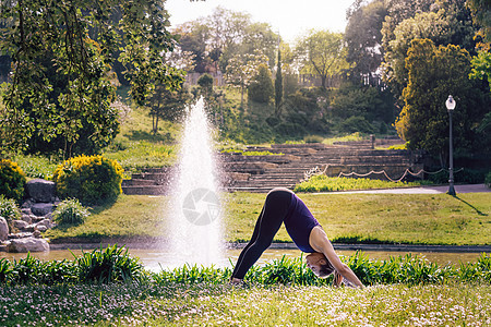 在公园户外做瑜伽的女人女士树木阳光饮食冥想女孩活力训练专注运动图片