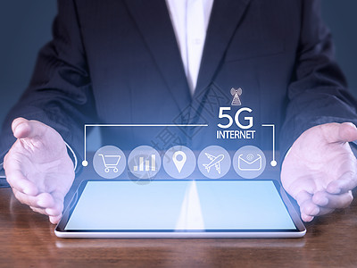 商业网络通信概念 5G 网络互联网移动无线 5g 互联网连接您手中的所有活动购物 金融 旅游 位置 联系人等与复制空间横幅软件技图片