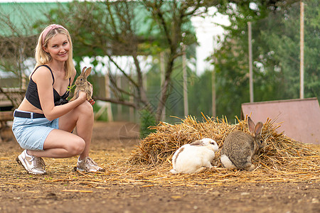 棕褐色女孩兔子喂养东兔白种本底健康 概念组鼠类来自天然和夏季毛皮 耳目 蔬菜小图片