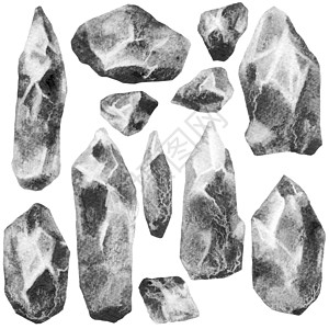 水彩结晶瓜刷子墨水石头黑色手绘白色灰阶矿物插图水晶图片
