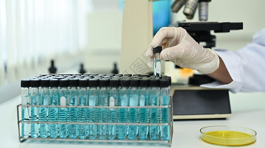 研究人员或科学家在实验室工作 分析液体生化物质 医学和科学研究概念图片