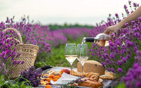 熏衣草地背景上的一瓶葡萄酒 杯子上装着葡萄酒和水果桌子野餐紫色疗法葡萄园花束桌面篮子农村场地图片