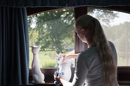 女人在窗台上擦一匹白猫的瓷砖雕像 洗扫房间化学品主妇家庭打扫抹布窗户女性进步洗涤剂玻璃图片