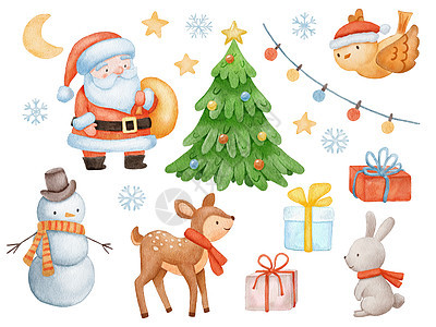 可爱的圣诞老人 鹿和雪人 一系列水彩圣诞插图都是白色的图片