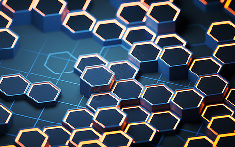 金属六边形材料背景 3D介质高科技多边形性角工程几何学技术蓝色渲染蜂窝母板图片