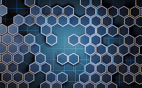 金属六边形材料背景 3D介质高科技多边形技术蓝色性角工程几何学渲染蜂窝母板图片