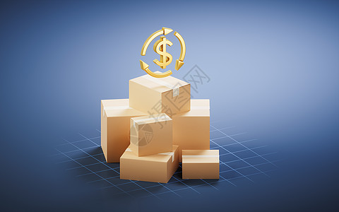 装有钱牌的包装箱 3D后勤销售货物商品交易包装出口纸板纸盒工业图片