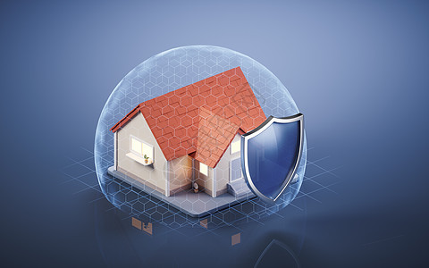 有盾牌的住宅 3D翻接卡通片自动化监控网络别墅投资监护奢华渲染控制图片