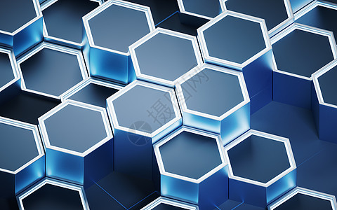 金属六边形材料背景 3D介质渲染蜂窝工程蓝色性角高科技几何学母板多边形技术图片