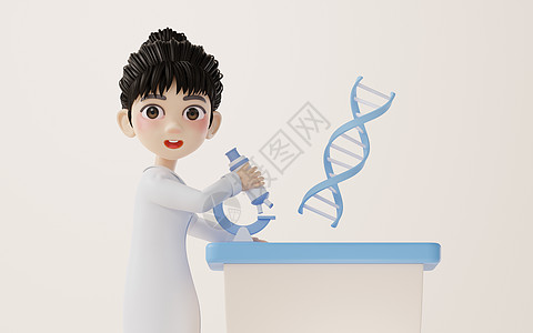 3D卡通女研究员和DNA化学品实验教育研究基因渲染女性生物化学显微镜图片