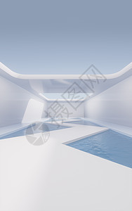 里面有水的空房间 3D翻接化妆品场景地面阴影展览阳光建筑途径房子曲线图片