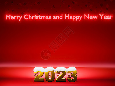 2023年新年快乐 金色号码2023 在红色背景和雪3D翻滚金子渲染假期卡片兔年问候语新年动物插图艺术图片
