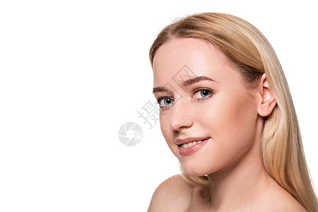 年轻金发美女的美丽面容 纯净的鲜白皮肤和白色的天然化妆品频闪遮瑕膏照片护理头发女孩冒充女性青少年女士背景图片