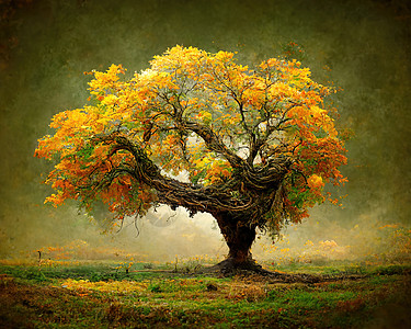 具有惊人树枝 3D插图的旧大树数字艺术蓝色生态木头天空橡木地球草地生长场地风景图片