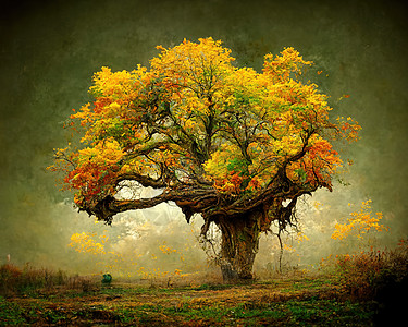 具有惊人树枝 3D插图的旧大树数字艺术地平线生态叶子国家公园季节分支机构环境地球孤独图片