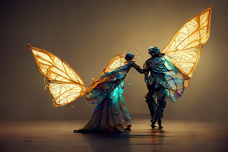 一对人类蝴蝶的数码艺术 三维插图科学金属珍珠蒸汽舞蹈圆圈蓝色拼贴画工作金子图片