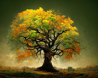 具有惊人树枝 3D插图的旧大树数字艺术阳光农村木头生长蓝色季节场地生态分支机构力量图片
