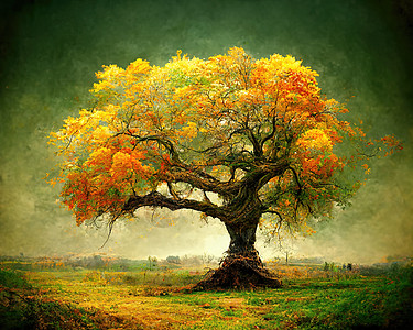 具有惊人树枝 3D插图的旧大树数字艺术风景叶子季节阳光国家橡木老树环境草地天空图片