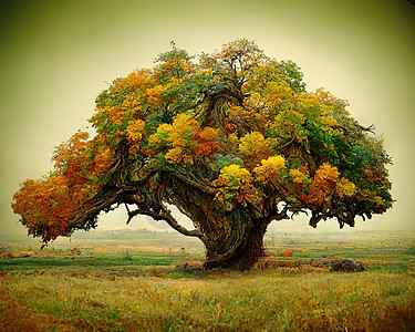 具有惊人树枝 3D插图的旧大树数字艺术农村风景力量农业叶子蓝色环境季节生态橡木图片