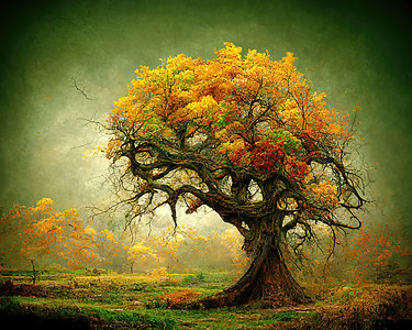 具有惊人树枝 3D插图的旧大树数字艺术生态草地公园农村橡木阳光季节土地孤独老树图片