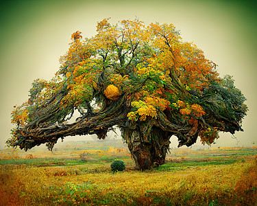 具有惊人树枝 3D插图的旧大树数字艺术地球木头阳光国家分支机构天空草地季节橡木孤独图片