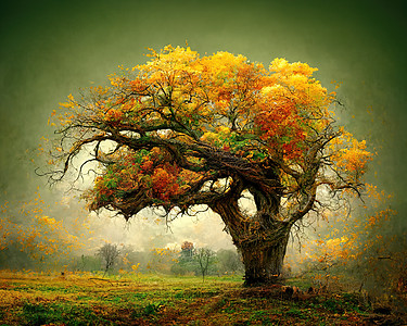 具有惊人树枝 3D插图的旧大树数字艺术蓝色老树橡木叶子天空木头农村力量季节地球图片