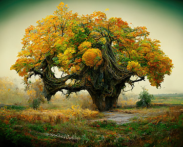 具有惊人树枝 3D插图的旧大树数字艺术孤独力量地球地平线场地草地国家叶子农村季节图片