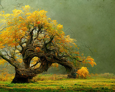 具有惊人树枝 3D插图的旧大树数字艺术力量木头橡木蓝色老树风景土地生长孤独天空图片