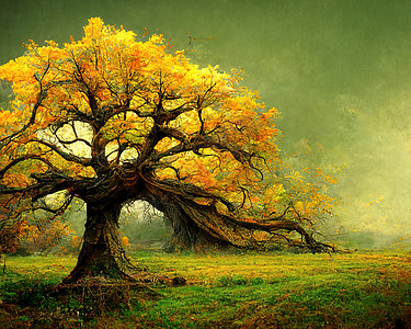 具有惊人树枝 3D插图的旧大树数字艺术风景天空橡木环境孤独叶子季节木头国家农业图片