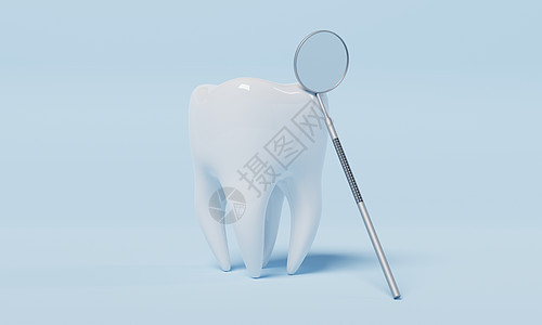 蓝底有牙牙眼镜的牙齿检查镜 牙科和保健概念 3D图例说明卫生美白医学矫正蓝色外科诊所喷砂牙膏口服图片