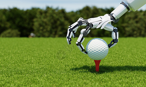 机器人手臂把高尔夫球打在田地上 作为有公平道路绿色背景的球员或球员 体育运动和技术概念图片