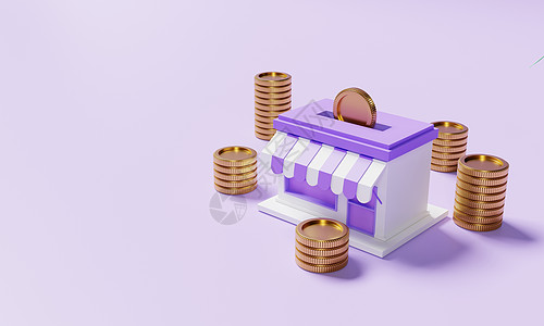 超级市场商店 在紫底背景上堆叠金币 金融与经济概念 3D 插图解释商业战略柱子收益投资宝藏银行业现金储蓄财富图片